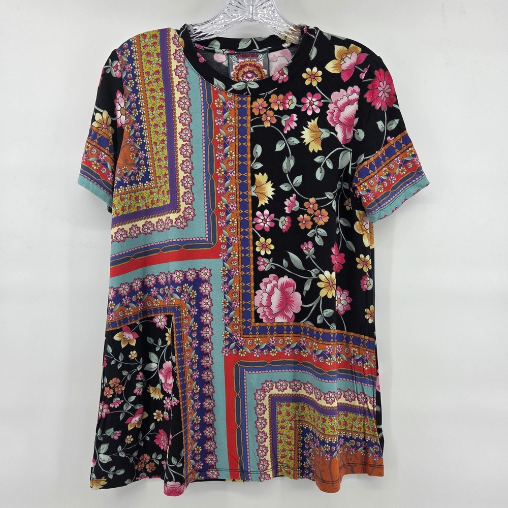 Johnny Was Floral Patchwork Print Tee XS Black Multi Boho Art-Inspired